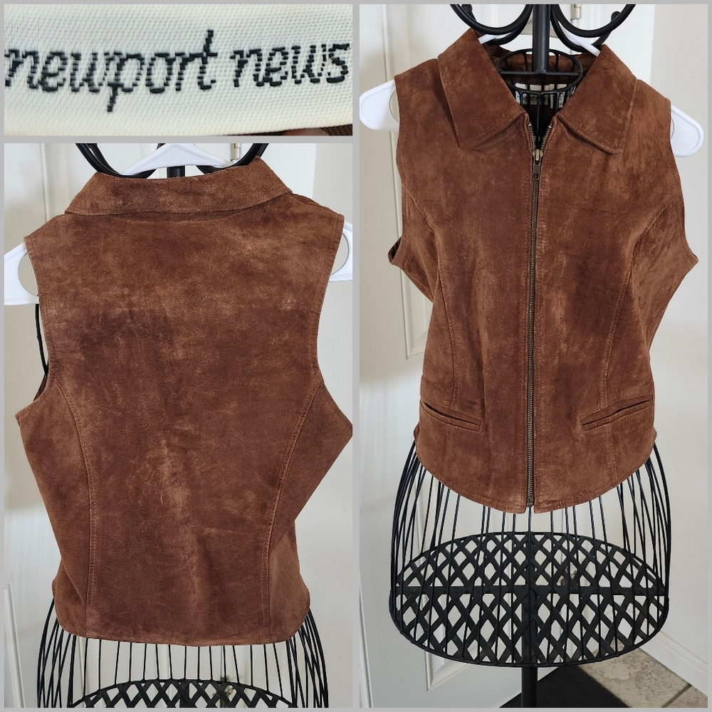 Newport News Brown Collar Suede Zip-Up Vest Women Size Medium